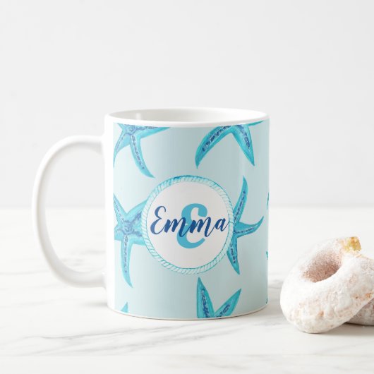 Mug Aqua-turquoise bleu étoile de mer aquarelle-monogr (Avec donut)