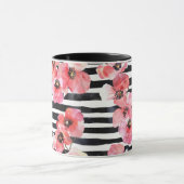 Mug Aquarelle Abstraite Florale rose et rayée noire (Centre)