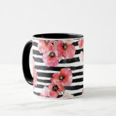Mug Aquarelle Abstraite Florale rose et rayée noire (Devant gauche)
