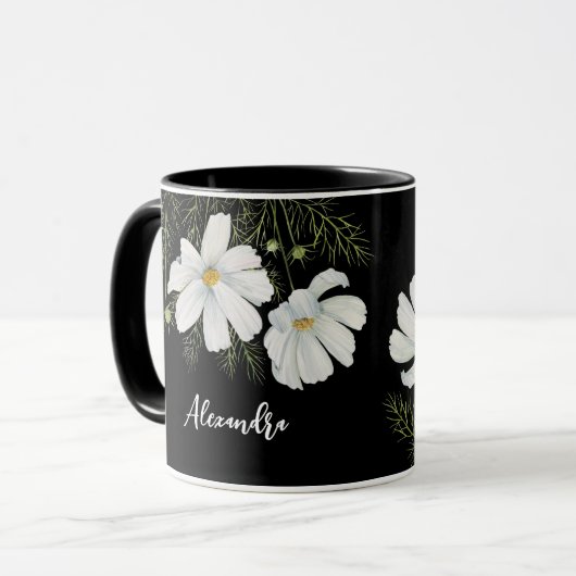 Mug Aquarelle Blanc Cosmos Fleurs Peinture Botanique (Devant gauche)