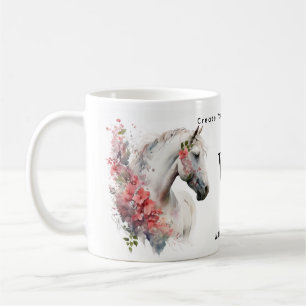 Mug Aquarelle blanc Unicorne Cheval Monogramme avec no