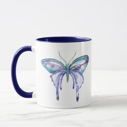 Mug aquarelle bleu bleu pourpre papillon (Gauche)