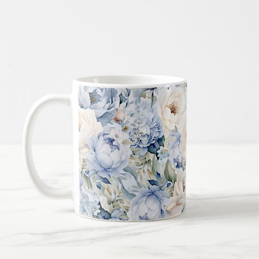 Mug Aquarelle bleu Dusty Fleurs d'ivoire Feuille Rusti (Gauche)