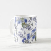 Mug Aquarelle bleu fleurs roses plumes blanc (Devant gauche)