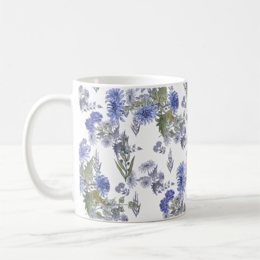 Mug Aquarelle bleu fleurs roses plumes blanc (Gauche)
