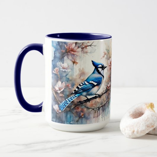 Mug Aquarelle bleu Jay Cherry Blossoms (Avec donut)