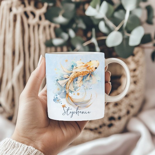 Mug Aquarelle bleu or Koi poisson personnalisé