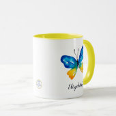 Mug Aquarelle Bleu Papillon Avec Nom Mignonne Coloré (Devant droit)