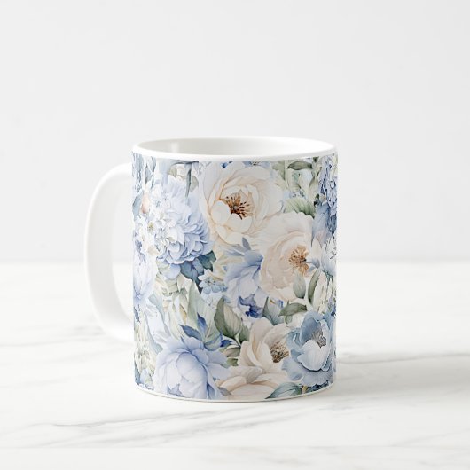 Mug Aquarelle Bleu Poussiéreux Fleurs Ivoire Feuilles  (Devant gauche)
