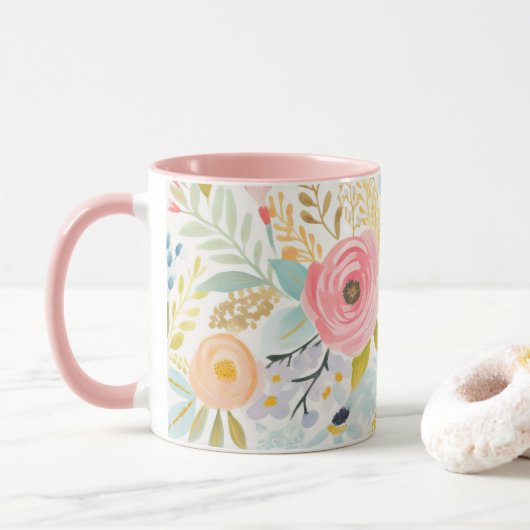 Mug Aquarelle bleu rose pastel Floral Botanique (Avec donut)