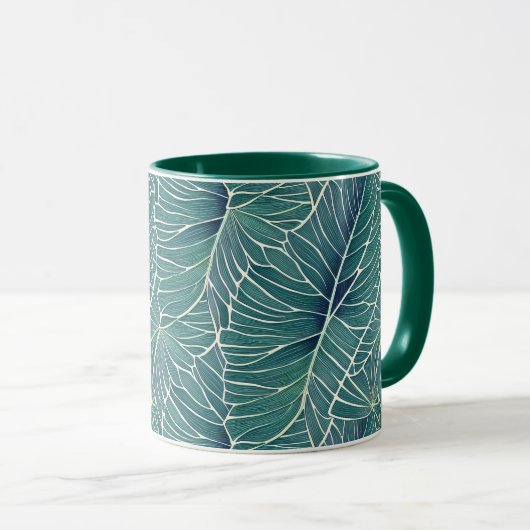 Mug Aquarelle Bleu Vert Turquoise Tropical Feuille Mot (Devant droit)