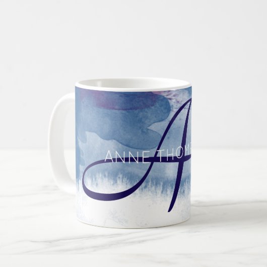 Mug Aquarelle bleue avec nom et initiale (Monogramme) (Devant gauche)