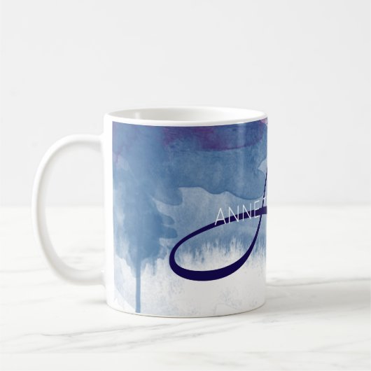 Mug Aquarelle bleue avec nom et initiale (Monogramme) (Gauche)