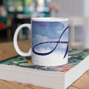 Mug Aquarelle bleue avec nom et initiale (Monogramme)