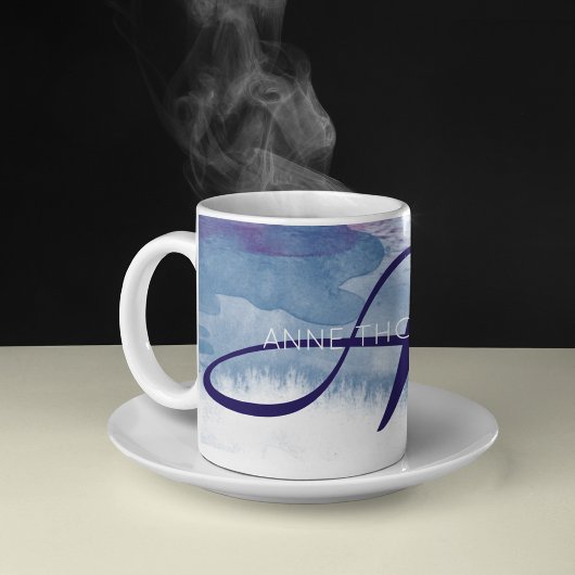 Mug Aquarelle bleue avec nom et initiale (Monogramme)