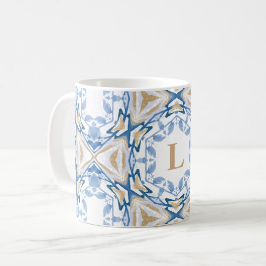 Mug Aquarelle bleue et Musique de monogramme or (Devant gauche)