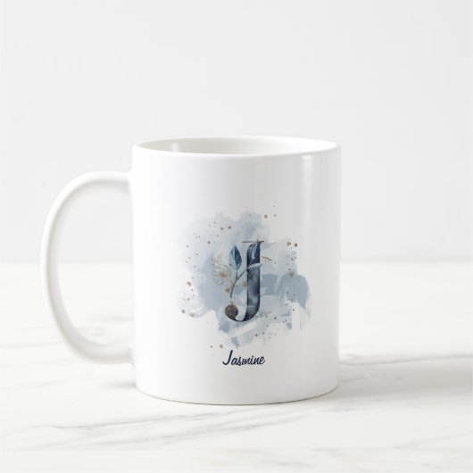 Mug Aquarelle bleue Nom personnalisé Lettre initiale J (Gauche)
