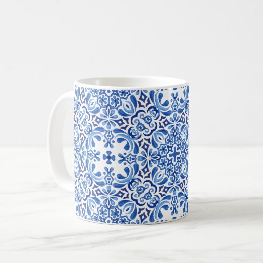 Mug Aquarelle Blues Carrelage méditerranéen blanc (Devant gauche)