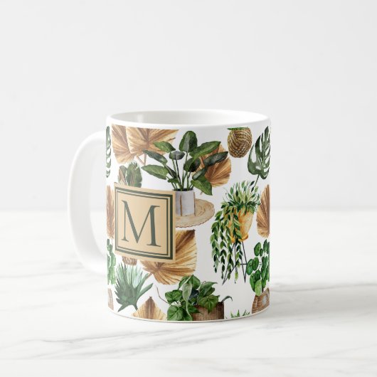 Mug Aquarelle Boho Maison intérieure Plantes Monogramm (Devant gauche)