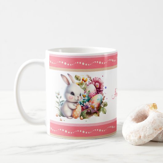 Mug Aquarelle Bordure striée du lapin de Pâques (Avec donut)