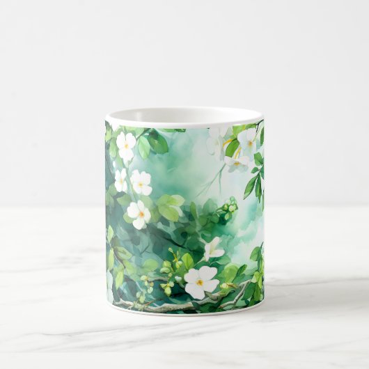 Mug Aquarelle botanique Fleurs blanches Feuilles verte (Centre)