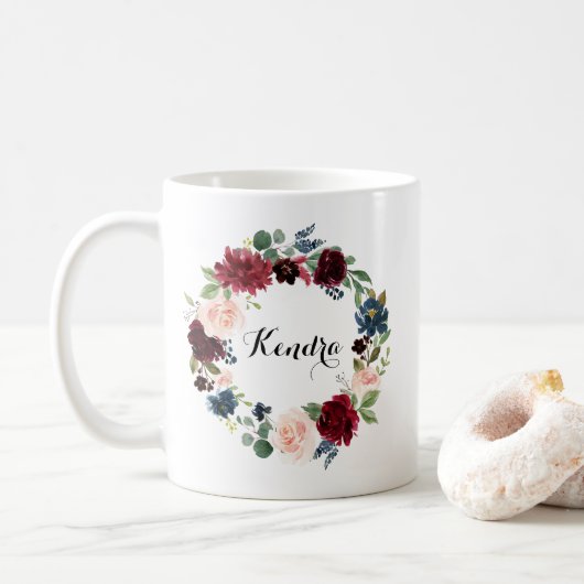 Mug Aquarelle Bourgogne et bleu Floral Wreath automne (Avec donut)