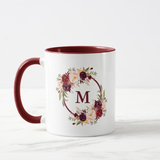 Mug Aquarelle Bourgogne Floral Élégant Monogramme (Gauche)