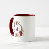 Mug Aquarelle Bourgogne Floral Élégant Monogramme (Devant gauche)