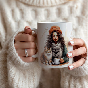 Mug Aquarelle Chat et Café Dame Nom personnalisé