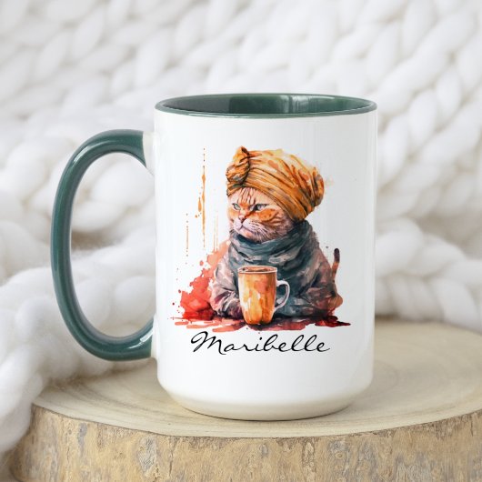 Mug Aquarelle Chat persan avec Turban Boire du Café
