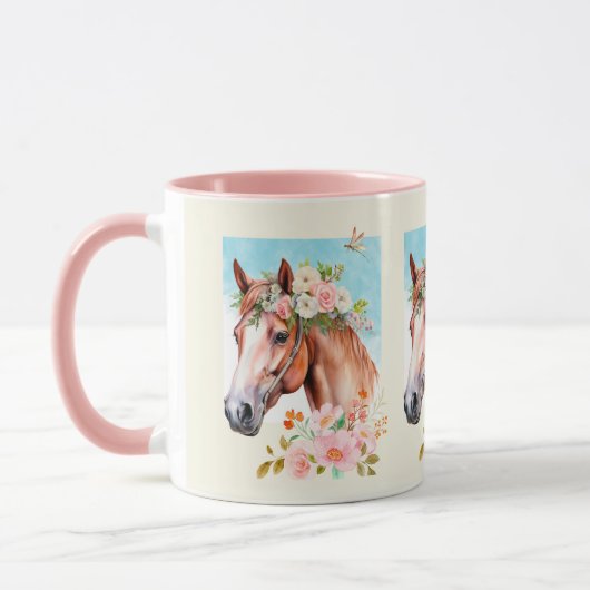 Mug Aquarelle Cheval et Fleurs Céramique (Gauche)