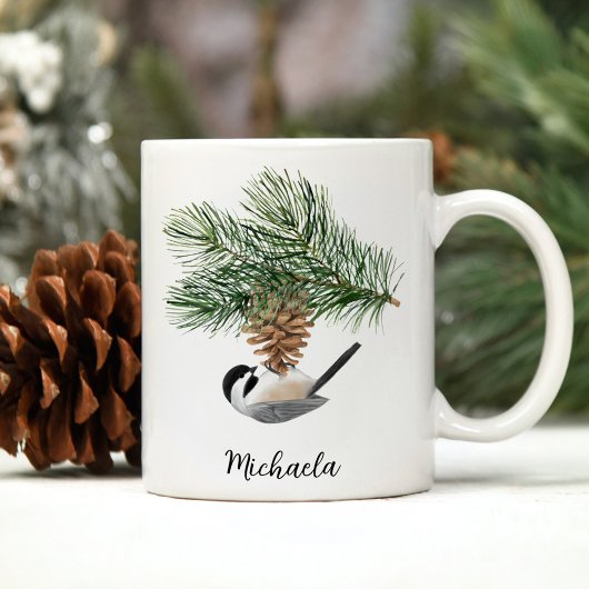Mug Aquarelle Chickadee d'hiver sur le cône de pin