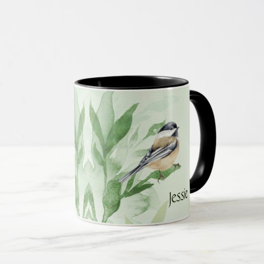 Mug Aquarelle Chickadee Jardin Oiseau Nom personnalisé (Devant droit)