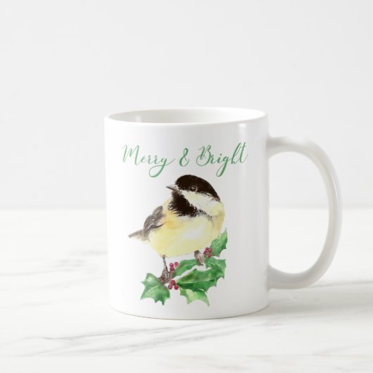 Mug Aquarelle Chickadee Oiseau Joyeux et Noël brillant (Droite)