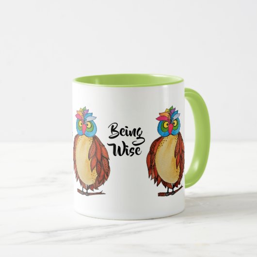 Mug Aquarelle Chouette magique avec plumes arc-en-ciel (Devant droit)