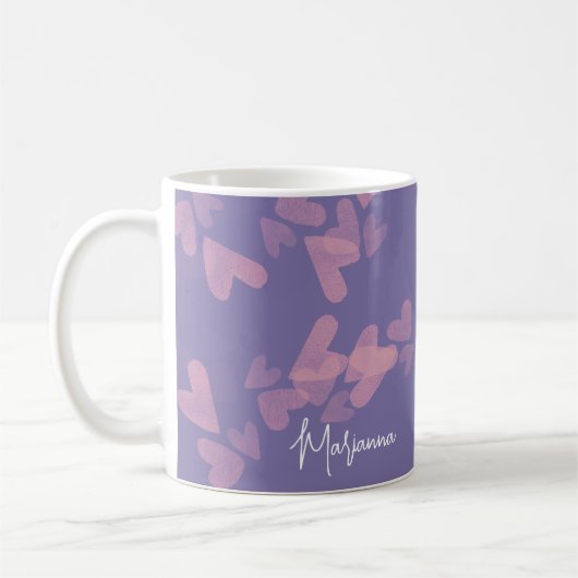 Mug Aquarelle Coeur timbres rose Nom du script pourpre (Gauche)