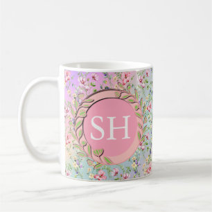 Mug Aquarelle colorée Fleur de printemps Motif Monogra