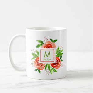 Mug Aquarelle Coral Roses Personnalisé Monogramme