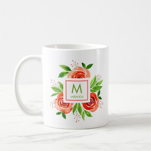 Mug Aquarelle Coral Roses Personnalisé Monogramme (Gauche)