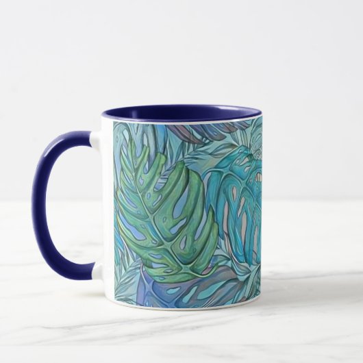 Mug Aquarelle couleur bleu vert tropical feuille (Gauche)