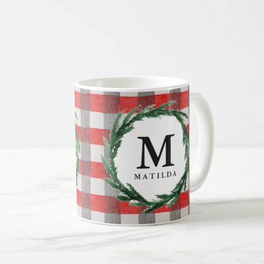 Mug Aquarelle couronne et chèque de noël initial (Devant droit)