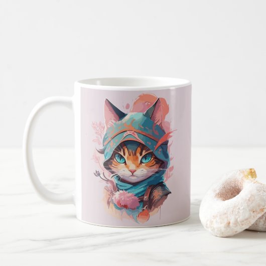 Mug Aquarelle Cute Hoded Ninja Chat (Avec donut)