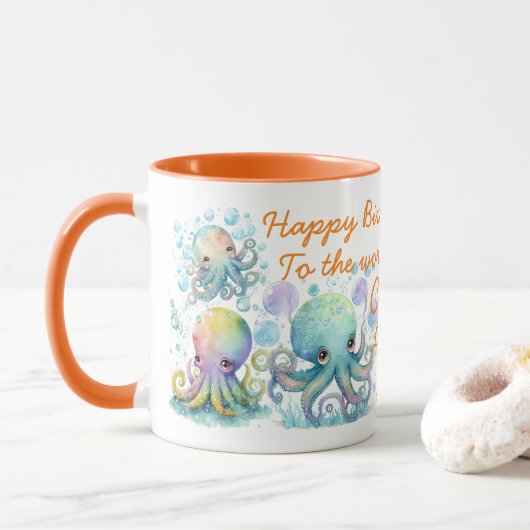 Mug Aquarelle Cute Octopus Deux Tons Orange (Avec donut)