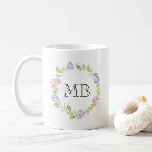 Mug Aquarelle de couronne de fleurs Monogramme muqueus (Avec donut)