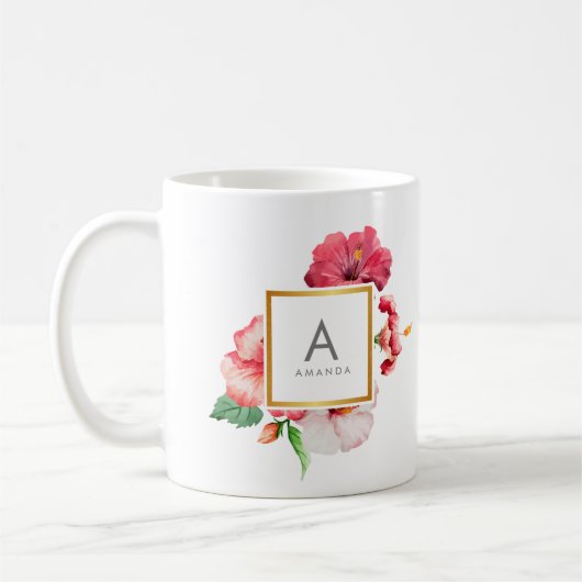 Mug Aquarelle de fille, hibiscus TROPICAL Monogramme (Gauche)