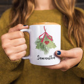 Mug Aquarelle de Noël Holly Berries Script vert