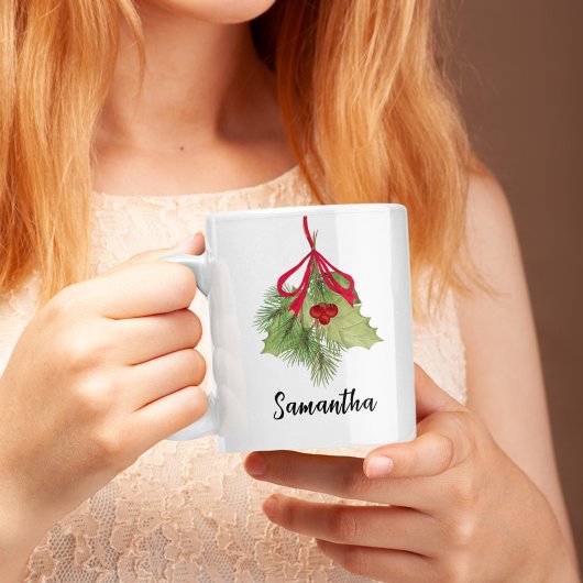 Mug Aquarelle de Noël Holly Berries Script vert