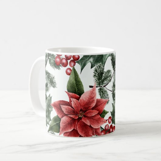 Mug Aquarelle de Noël Poinsettia Motif (Devant gauche)