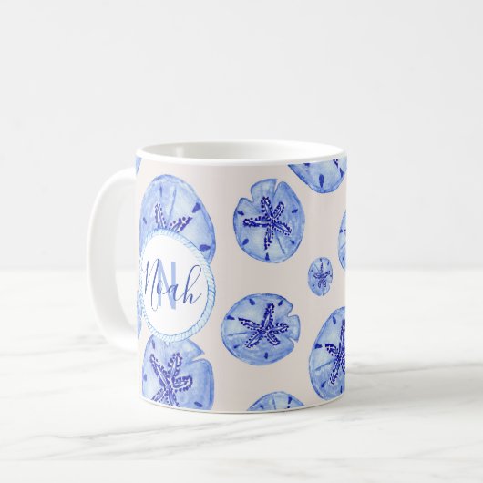 Mug Aquarelle de sable bleu dollar-nom monogramme pers (Devant gauche)