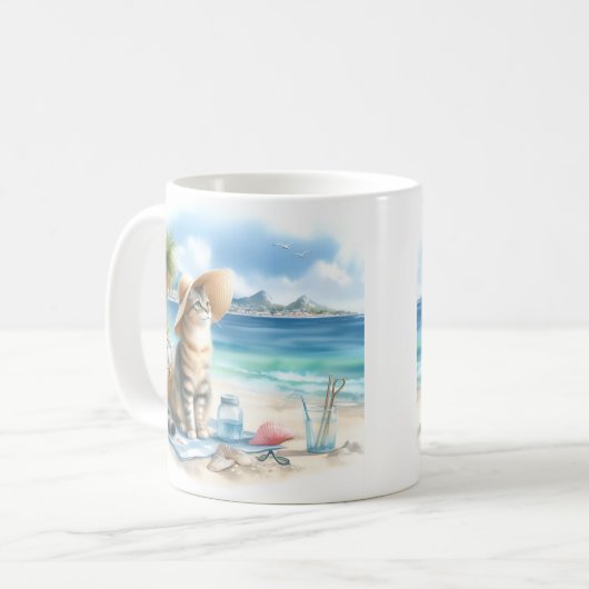 Mug Aquarelle d'été Chat sur la plage (Devant gauche)